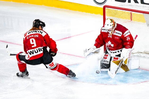 DAVOS, SWITZERLAND - DECEMBER 29: goalkeeper Michael Hutchinson of Team Canada saves during the match between Orebro HK and Team Canada at Eisstadion Davos on December 28, 2022 in Davos, Switzerland. Davos Graubunden Switzerland Copyright: xJustPictures.ch JarixPestelaccix