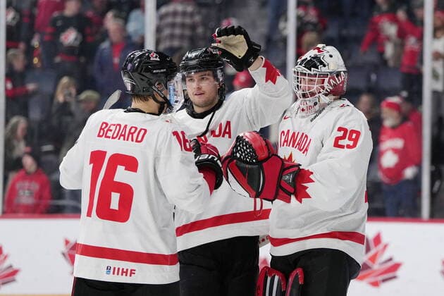 December 29, 2022, Halifax, NS, Canada: Canada™s Connor Bedard, left to right, Joshua Roy, and goaltender Benjamin Gaudreau celebrate Canada™s win over Austria during IIHF World Junior Hockey Championship action in Halifax on Thursday, December 29, 2022. Connor Bedard, Joshua Roy, Benjamin Gaudreau - ZUMAc35_ 20221229_zaf_c35_076 Copyright: xDarrenxCalabresex