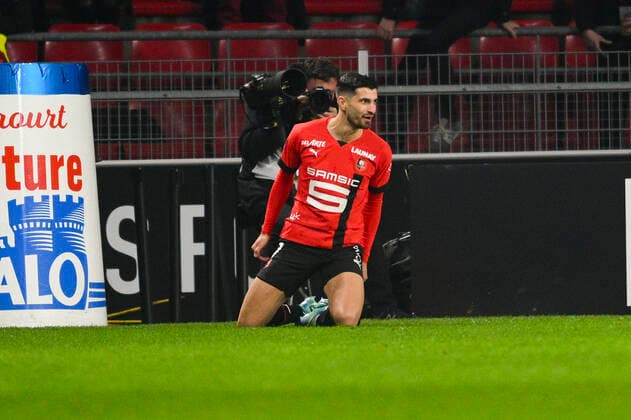 Joie des joueurs du FC Rennes apres le but de Martin Terrier (Rennes FC) FOOTBALL : Rennes vs Nice - Ligue 1 Uber Eats - 02 01 2023 JBAutissier Panoramic 