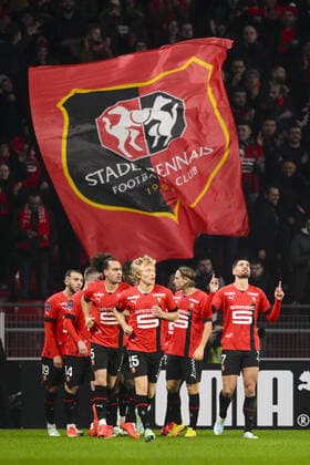 Joie des joueurs du FC Rennes apres le but de Martin Terrier (Rennes FC) FOOTBALL : Rennes vs Nice - Ligue 1 Uber Eats - 02 01 2023 JBAutissier Panoramic 