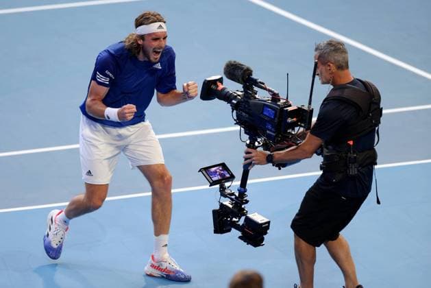 Bilder des Jahres 2023, Sport 01 Januar Sport Themen der Woche KW01 Sport Bilder des Tages TENNIS UNITED CUP CITY FINALS PERTH, Stefanos Tsitsipas of Greece celebrates after winning his match against Borna Coric of Croatia during the 2023 United Cup City Final tennis match between Greece and Croatia at RAC Arena in Perth, Wednesday, January 4, 2023. ( NO ARCHIVING, EDITORIAL USE ONLY, NO USE IN BOOKS WITHOUT CONSENT PERTH WESTERN AUSTRALIA AUSTRALIA  Copyright: xRICHARDxWAINWRIGHTx 20230104001748680806