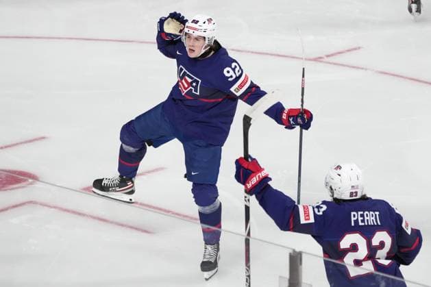 January 4, 2023, Halifax, NS, Canada: USA s Logan Cooley, left, celebrates his goal with teammate Jack Peart during first period IIHF World Junior Hockey Championship semifinal action against Canada in Halifax on Wednesday, January 4, 2023. Logan Cooley, Jack Peart  - ZUMAc35_ 20230104_zaf_c35_086 Copyright: xDarrenxCalabresex