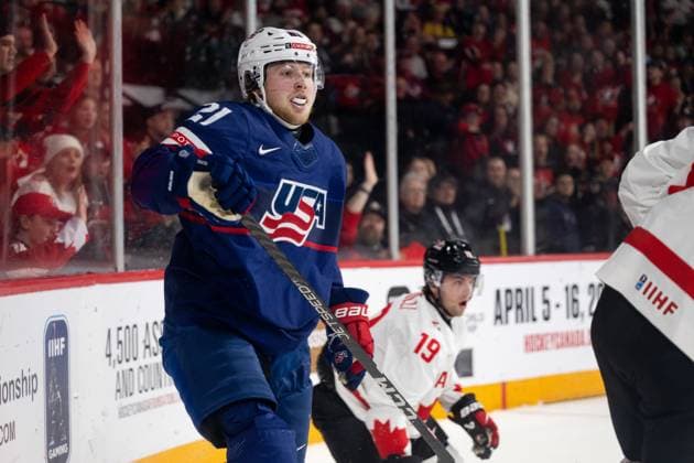 230105 Luke Mittelstadt of USA during the 2023 IIHF World Junior Championship semifinal between USA and Canada on January 5, 2023 in Halifax. Photo: Simon Hastegard BILDBYRAN kod SH SH0402 ishockey Ice hockey, Eishockey jvm junior-vm u20 2023 iihf world junior championship world juniors semifinal semifinals usa canada kanada bbeng Copyright: SIMONxHASTEGARD BB230105SH025