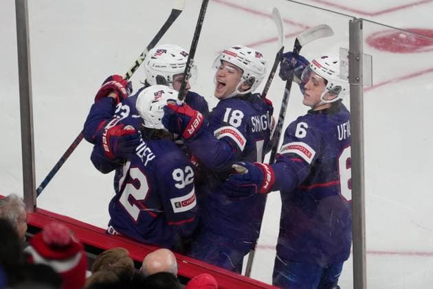 January 4, 2023, Halifax, NS, Canada: USA s Logan Cooley, second from left, celebrates his goal with teammates Jack Peart, left, Jimmy Snuggerud, second from right, and Ryan Ufko during first period IIHF World Junior Hockey Championship semifinal action against Canada in Halifax on Wednesday, January 4, 2023. Logan Cooley, Jack Peart, Jimmy Snuggerud, Ryan Ufko - ZUMAc35_ 20230104_zaf_c35_090 Copyright: xDarrenxCalabresex