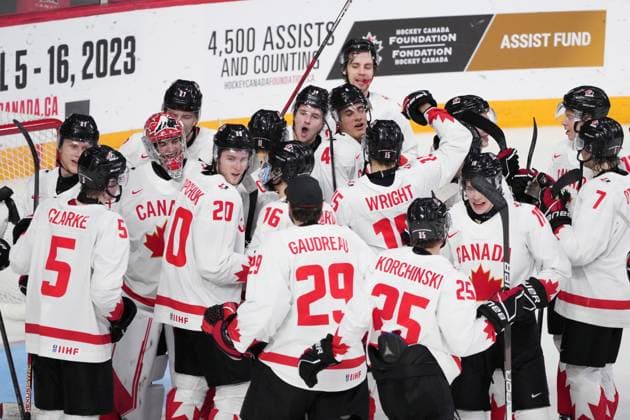 January 4, 2023, Halifax, NS, Canada: Team Canada celebrate their win over USA at the IIHF World Junior Hockey Championship semifinal action in Halifax on Wednesday, January 4, 2023. Canada News - January 4, 2023  - ZUMAc35_ 20230104_zaf_c35_112 Copyright: xDarrenxCalabresex