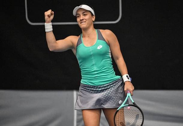 5th January 2022: Auckland, New Zealand: Montenegro s Danka Kovinic celebrates her win on Day 4 of the women s ASB Classic at the ASB Tennis Arena, Auckland, New Zealand  ActionPlus12464925 AndrewxCornaga