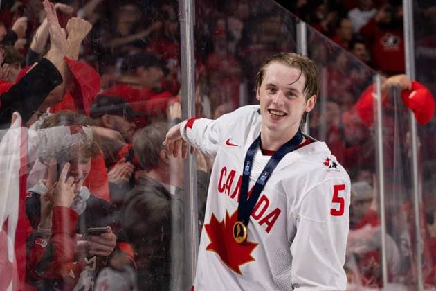 230106 Brandt Clarke of Canada celebrates after the 2023 IIHF World Junior Championship final between Czech Republic and Canada on January 6, 2023 in Halifax. Photo: Simon Hastegard BILDBYRAN kod SH SH0405 ishockey Ice hockey, Eishockey jvm junior-vm u20 2023 iihf world junior championship world juniors final tjeckien czech republic canada kanada bbeng jubel vm-guld guld Copyright: SIMONxHASTEGARD BB230106SH092