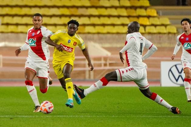 Andy Pembele (Rodez) - Ismail Jakobs (AS Monaco) - Malang Sarr (AS Monaco) FOOTBALL : AS Monaco vs Rodez - 32eme de finale de Coupe de France - Monaco - 07 01 2023 NorbertScanella Panoramic 