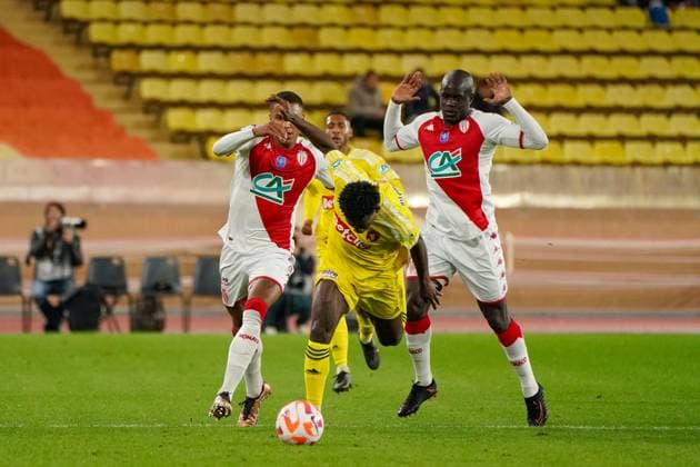 Andy Pembele (Rodez) - Ismail Jakobs (AS Monaco) - Malang Sarr (AS Monaco) FOOTBALL : AS Monaco vs Rodez - 32eme de finale de Coupe de France - Monaco - 07 01 2023 NorbertScanella Panoramic 
