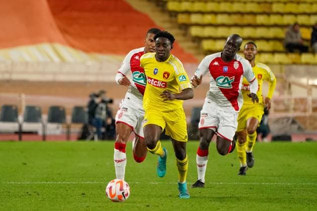 Andy Pembele (Rodez) - Ismail Jakobs (AS Monaco) - Malang Sarr (AS Monaco) FOOTBALL : AS Monaco vs Rodez - 32eme de finale de Coupe de France - Monaco - 07 01 2023 NorbertScanella Panoramic 