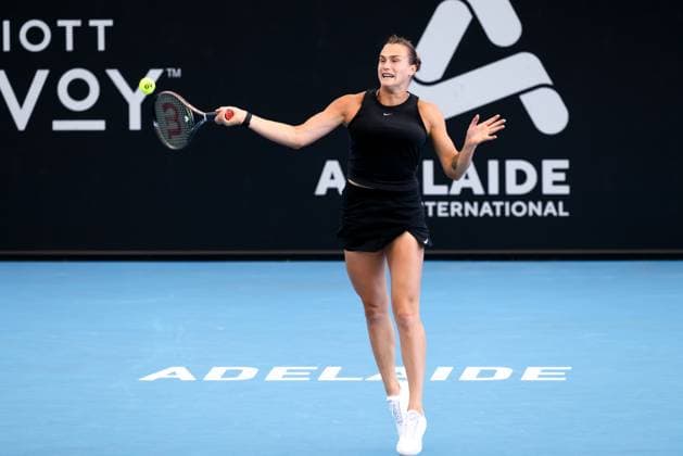 ADELAIDE, AUSTRALIA - JANUARY 08: Aryna Sabalenka of Belarus hits a forehand during the Adelaide International tennis final match between Aryna Sabalenka of Belarus and Linda Noskova of Czech Republic at Memorial Drive on January 08, 2023 in Adelaide, Australia. (Photo by Peter Mundy Speed Media Icon Sportswire) TENNIS: JAN 08 - Adelaide International Icon2301080031