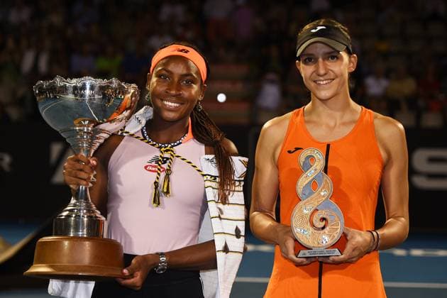 8th January 2022: Auckland, New Zealand: ASB Classic winner Coco Gauff of the USA and runner up Rebeka Masarova of Spain after their singles Final match of the 2023 Womens s ASB Classic. ASB Tennis Centre, Auckland, New Zealand.  ActionPlus12466048 ChrisxSymes