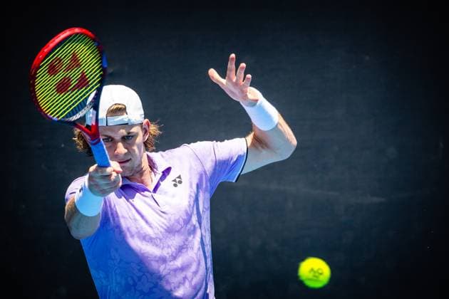 Belgian Zizou Bergs pictured in action during a tennis game against Chilean Barrios Vera, in the second round of the men s qualifications for the Australian Open tennis Grand Slam, Wednesday 11 January 2023 in Melbourne Park, Melbourne, Australia. PATRICKxHAMILTON  x58052550x
