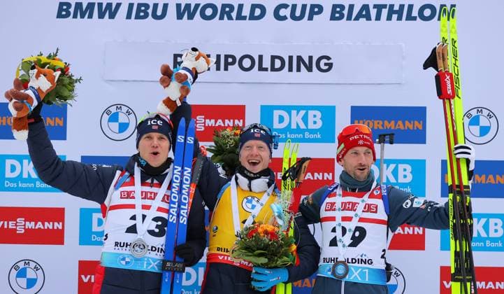 Bilder des Jahres 2023, Sport 01 Januar Sport Themen der Woche KW02 Sport Bilder des Tages BIATHLON - IBU WC Ruhpolding RUHPOLDING,GERMANY,11.JAN.23 - BIATHLON - IBU World Cup, 20km individual, men. Image shows the rejoicing of Vetle Sjaastad Christiansen, Johannes Thingnes Boe (NOR) and Jakov Fak (SLO).  GEPAxpictures xThomasxBachun