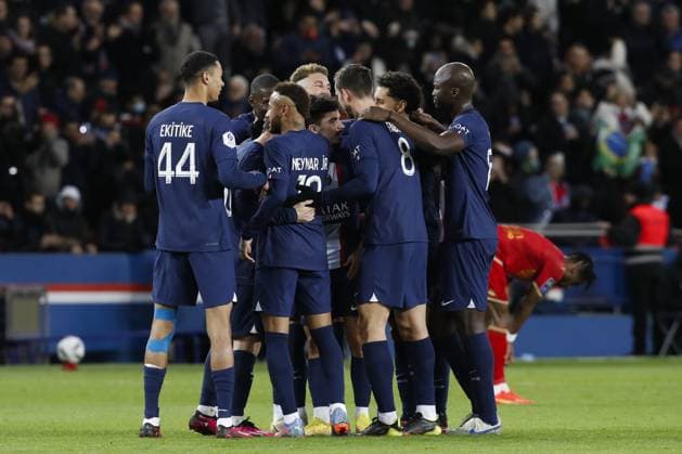 Joie - But - Lionel Messi (PSG) - Hugo Ekitike (PSG) - Fabian Ruiz (PSG) - Sergio Ramos (PSG) - Neymar Jr (PSG) - Marquinhos (PSG) - Vitinha (PSG) FOOTBALL : Paris St Germain Vs Angers - Ligue 1 - 11 01 2023 MichaelBaucher Panoramic 