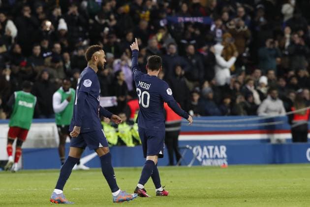 Joie - But - Lionel Messi (PSG) - Neymar Jr (PSG) FOOTBALL : Paris St Germain Vs Angers - Ligue 1 - 11 01 2023 MichaelBaucher Panoramic 