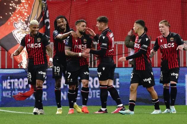 joie - Andy Delort (OGC Nice) - Khephren Thuram (OGC Nice) - Ross Barkley (OGC Nice) FOOTBALL : OGC Nice vs Montpellier - Ligue 1 Ubereats - Nice - 11 01 2023 NorbertScanella Panoramic 