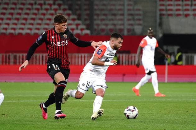 TÃ ji Savanier (Montpellier) - Ross Barkley (OGC Nice) FOOTBALL : OGC Nice vs Montpellier - Ligue 1 Ubereats - Nice - 11 01 2023 NorbertScanella Panoramic 