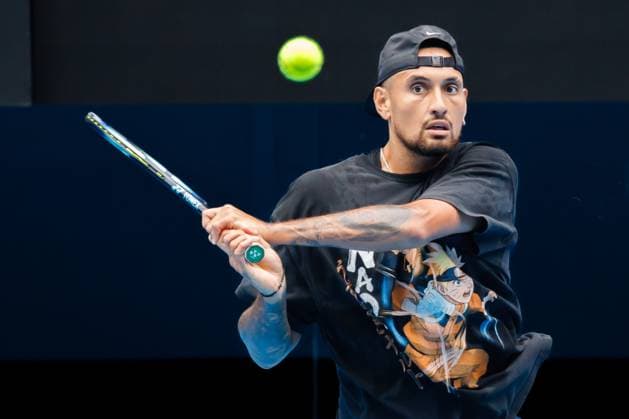 January 12, 2023: 20th seed Nick Kyrgios practising on Rod Laver Arena ahead of the 2023 Australian Open in Melbourne, Australia. Cal Media USA - ZUMAc04_ 20230112_zaf_c04_001 Copyright: xSydneyxLowx