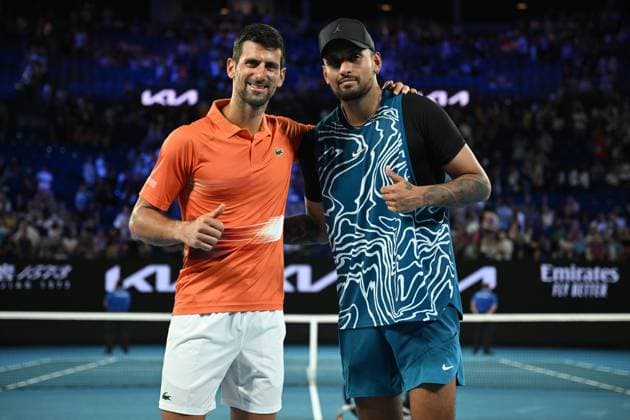 Sport Themen der Woche KW02 Sport Bilder des Tages TENNIS AO PRACTICE DJOKOVIC KYRGIOS, Novak Djokovic of Serbia (left) and Nick Kyrgios of Australia pose for a photograph after their practice match ahead of the 2023 Australian Open tennis tournament at Melbourne Park in Melbourne, Friday, January 13, 2023. ( NO ARCHIVING, EDITORIAL USE ONLY, NO USE IN BOOKS WITHOUT CONSENT MELBOURNE VICTORIA AUSTRALIA  Copyright: xJAMESxROSSx 20230113001751790713