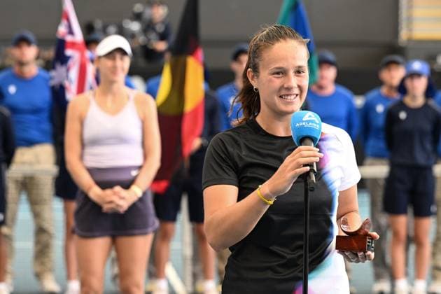 TENNIS ADELAIDE INTERNATIONAL, Daria Kasatkina of Russia accepts the Runner-up trophy during the 2023 Adelaide International Tennis Tournament at the Memorial Drive Tennis Centre in Adelaide, Saturday, January 14, 2023. ( NO ARCHIVING, EDITORIAL USE ONLY, NO USE IN BOOKS WITHOUT CONSENT ADELAIDE SOUTH AUSTRALIA AUSTRALIA  Copyright: xMICHAELxERREYx 20230114001752121500