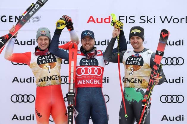 Bilder des Jahres 2023, Sport 01 Januar Sport Themen der Woche KW02 ALPINE SKIING - FIS WC Wengen WENGEN,SWITZERLAND,14.JAN.23 - ALPINE SKIING - FIS World Cup, downhill, men. Image shows the rejoicing of Marco Odermatt (SUI), Aleksander Aamodt Kilde (NOR) and Mattia Cassse (ITA).  GEPAxpictures xMathiasxMandl