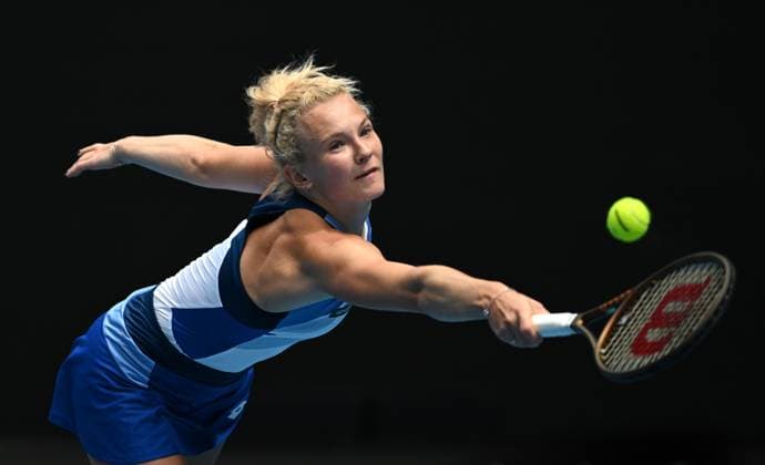 TENNIS AUSTRALIAN OPEN, Katerina Siniakova of Czech Republic returns during her Women?s Singles 1st round match against Coco Gauff of USA on Day 1 of the 2023 Australian Open tennis tournament at Melbourne Park in Melbourne, Monday, January 16, 2023. ( NO ARCHIVING, EDITORIAL USE ONLY, NO USE IN BOOKS WITHOUT CONSENT MELBOURNE VICTORIA AUSTRALIA  Copyright: xLUKASxCOCHx 20230116001752897422