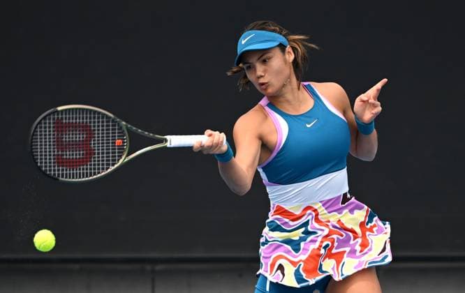 TENNIS AUSTRALIAN OPEN, Emma Raducanu of Great Britain returns during her Women?s Singles 1st round match against Tamara Korpatsch of Germany on Day 1 of the 2023 Australian Open tennis tournament at Melbourne Park in Melbourne, Monday, January 16, 2023. ( NO ARCHIVING, EDITORIAL USE ONLY, NO USE IN BOOKS WITHOUT CONSENT MELBOURNE VICTORIA AUSTRALIA  Copyright: xJAMESxROSSx 20230116001752907588
