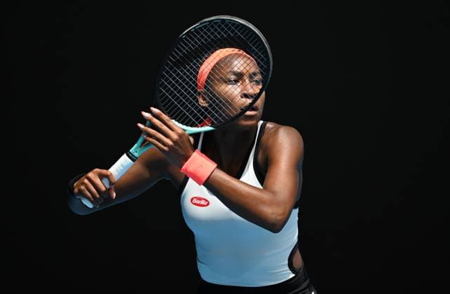 TENNIS AUSTRALIAN OPEN, Coco Gauff of USA prepares to serve during her Women?s Singles 1st Round match against Katerina Siniakova of Czech Republic on Day 1 of the 2023 Australian Open tennis tournament at Melbourne Park in Melbourne, Monday, January 16, 2023. ( NO ARCHIVING, EDITORIAL USE ONLY, NO USE IN BOOKS WITHOUT CONSENT MELBOURNE VICTORIA AUSTRALIA  Copyright: xLUKASxCOCHx 20230116001752916516