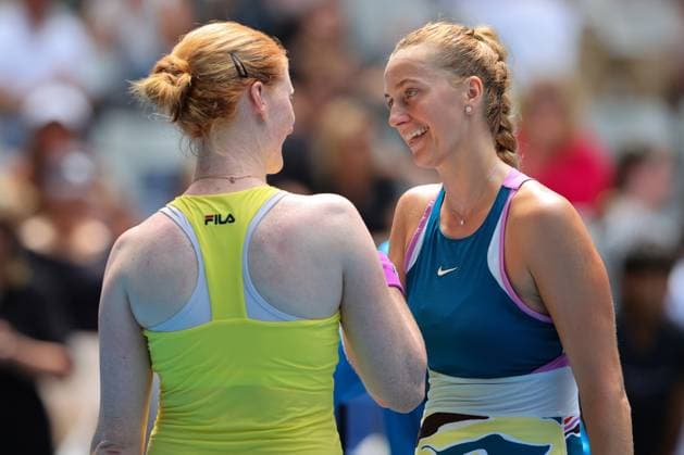 Petra Kvitova of Czech Republic defeats and congratulates Alison Van Uytvanck of Belgium during round 1 match between Petra Kvitova of Czech Republic and Alison Van Uytvanck of Belgium Day 1 at the Australian Open Tennis 2023 at KIA Arena, Melbourne, Australia on 16 January 2023. Copyright: xPeterxDovganx 34780098
