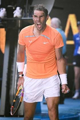 Mandatory Credit: Photo by James Gourley Shutterstock (13714310bi) Rafael Nadal celebrates winning his first round match Australian Open, Day One, Tennis, Melbourne Park, Melbourne, Australia - 16 Jan 2023 Australian Open, Day One, Tennis, Melbourne Park, Melbourne, Australia - 16 Jan 2023 Copyright: xJamesxGourley Shutterstockx 13714310bi