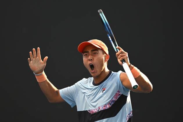 TENNIS AUSTRALIAN OPEN, Rinky Hijikata of Australia reacts during his Men?s Singles 1st Round match against Yannick Hanfmann of Germany on Day 1 of the 2023 Australian Open tennis tournament at Melbourne Park in Melbourne, Monday, January 16, 2023. ( NO ARCHIVING, EDITORIAL USE ONLY, NO USE IN BOOKS WITHOUT CONSENT MELBOURNE VICTORIA AUSTRALIA  Copyright: xLUKASxCOCHx 20230116001753034767