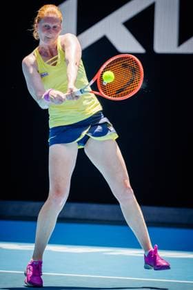 Alison Van Uytvanck WTA, Tennis Damen 70) pictured in action during a women s singles first round game between Belgian Van Uytvanck (WTA 70) and Czech Kvitova (WTA 16) at the Australian Open tennis Grand Slam, Monday 16 January 2023 in Melbourne Park, Melbourne, Australia. PATRICKxHAMILTON  x58224270x