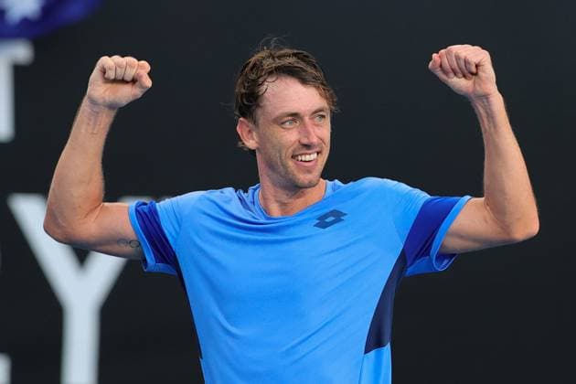 John Millman of Australia reacts after defeating Marc-Andrea Hustler of Switzerland 6-7 7-5 6-7 6-2 6-3 during round 1 match between John Millman of Australia and Marc-Andrea Hustler of Switzerland Day 1 at the Australian Open Tennis 2023 at Court 3, Melbourne, Australia on 16 January 2023. Copyright: xPeterxDovganx 34780238