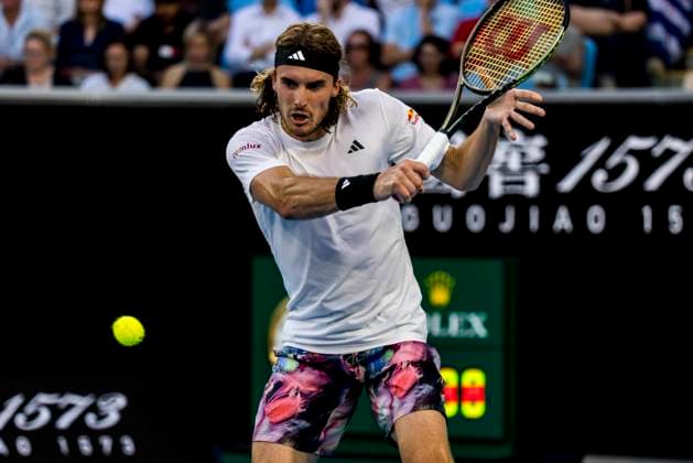 MELBOURNE, VIC - JANUARY 16: Stefanos Tsitsipas of Greece in action during Round 1 of the 2023 Australian Open on January 16 2023, at Melbourne Park in Melbourne, Australia. (Photo by Jason Heidrich Icon Sportswire) TENNIS: JAN 16 Australian Open Icon220116190