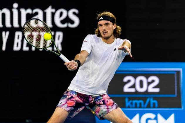 MELBOURNE, VIC - JANUARY 16: Stefanos Tsitsipas of Greece in action during Round 1 of the 2023 Australian Open on January 16 2023, at Melbourne Park in Melbourne, Australia. (Photo by Jason Heidrich Icon Sportswire) TENNIS: JAN 16 Australian Open Icon220116194