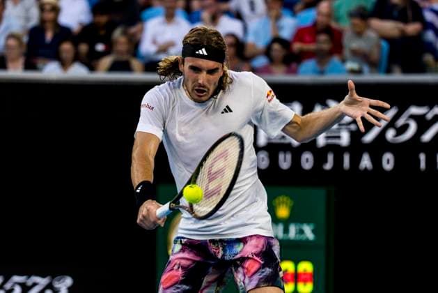 MELBOURNE, VIC - JANUARY 16: Stefanos Tsitsipas of Greece in action during Round 1 of the 2023 Australian Open on January 16 2023, at Melbourne Park in Melbourne, Australia. (Photo by Jason Heidrich Icon Sportswire) TENNIS: JAN 16 Australian Open Icon220116196