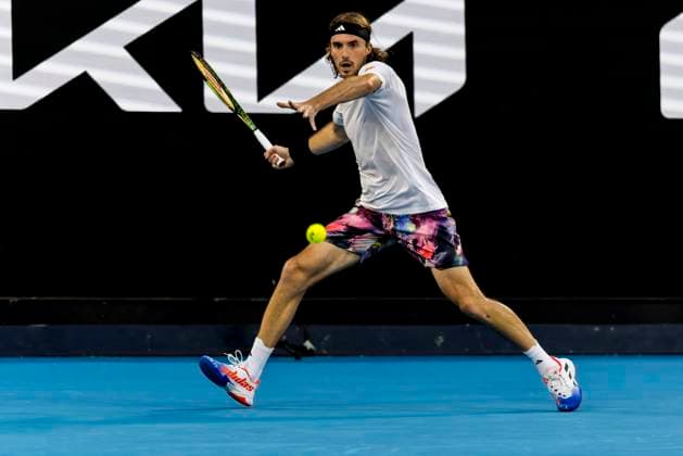 MELBOURNE, VIC - JANUARY 16: Stefanos Tsitsipas of Greece in action during Round 1 of the 2023 Australian Open on January 16 2023, at Melbourne Park in Melbourne, Australia. (Photo by Jason Heidrich Icon Sportswire) TENNIS: JAN 16 Australian Open Icon220116199