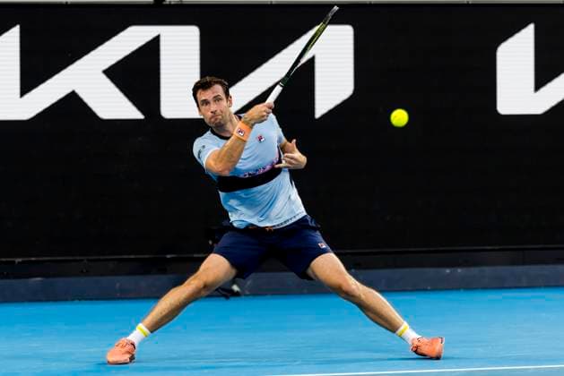 MELBOURNE, VIC - JANUARY 16: Quentin Halys of France in action during Round 1 of the 2023 Australian Open on January 16 2023, at Melbourne Park in Melbourne, Australia. (Photo by Jason Heidrich Icon Sportswire) TENNIS: JAN 16 Australian Open Icon220116216