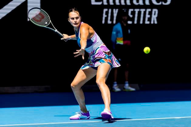MELBOURNE, VIC - JANUARY 17: Aryna Sabalenka of Belarus in action during their match in Round 1 of the 2023 Australian Open on January 17 2023, at Melbourne Park in Melbourne, Australia. (Photo by Jason Heidrich Icon Sportswire) TENNIS: JAN 17 Australian Open Icon220117001