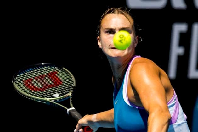 MELBOURNE, VIC - JANUARY 17: Aryna Sabalenka of Belarus in action during Round 1 of the 2023 Australian Open on January 17 2023, at Melbourne Park in Melbourne, Australia. (Photo by Jason Heidrich Icon Sportswire) TENNIS: JAN 17 Australian Open Icon220117007