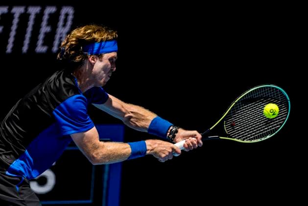 MELBOURNE, VIC - JANUARY 17: Andrey Rublev of Russia in action during Round 1 of the 2023 Australian Open on January 17 2023, at Melbourne Park in Melbourne, Australia. (Photo by Jason Heidrich Icon Sportswire) TENNIS: JAN 17 Australian Open Icon220117057