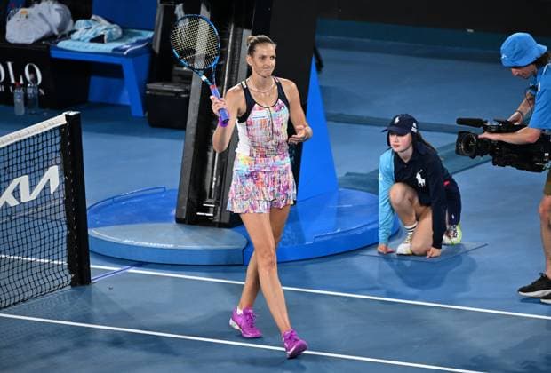 TENNIS AUSTRALIAN OPEN, Karolina Pliskova of the Czech Republic celebrates her first round victory against Xiyu Wang of China at the 2023 Australian Open tennis tournament at Melbourne Park in Melbourne, Tuesday, January 17, 2023. ( NO ARCHIVING, EDITORIAL USE ONLY, NO USE IN BOOKS WITHOUT CONSENT MELBOURNE VICTORIA AUSTRALIA  Copyright: xJOELxCARRETTx 20230117001753393031