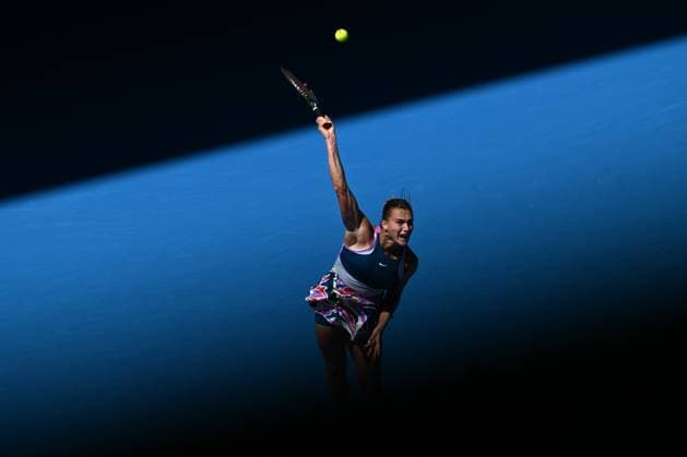 TENNIS AUSTRALIAN OPEN, Aryna Sabalenka of Belarus serves during her 1st round singles match against Tereza Martincova of the Czech Republic during 2023 Australian Open tennis tournament at Melbourne Park in Melbourne, Tuesday, January 17, 2023. ( NO ARCHIVING, EDITORIAL USE ONLY, NO USE IN BOOKS WITHOUT CONSENT MELBOURNE VICTORIA AUSTRALIA  Copyright: xJAMESxROSSx 20230117001753400453