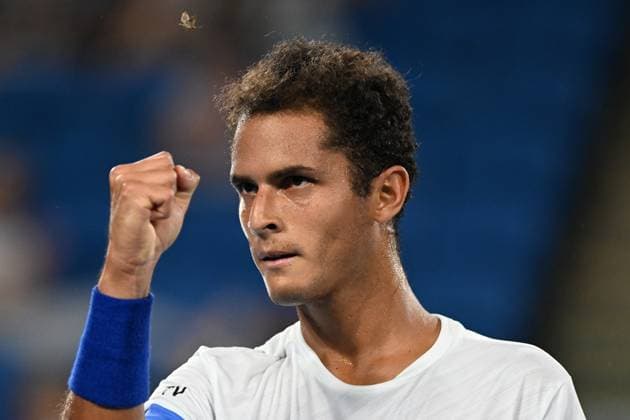 TENNIS AUSTRALIAN OPEN, Juan Pablo Varillas of Peru celebrates winning a point during his first round match against Alexander Zverev of Germany at the 2023 Australian Open tennis tournament at Melbourne Park in Melbourne, Tuesday, January 17, 2023. ( NO ARCHIVING, EDITORIAL USE ONLY, NO USE IN BOOKS WITHOUT CONSENT MELBOURNE VICTORIA AUSTRALIA  Copyright: xLUKASxCOCHx 20230117001753413107