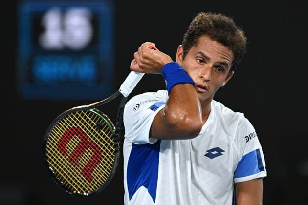 TENNIS AUSTRALIAN OPEN, Juan Pablo Varillas of Peru looks on during his first round match against Alexander Zverev of Germany at the 2023 Australian Open tennis tournament at Melbourne Park in Melbourne, Tuesday, January 17, 2023. ( NO ARCHIVING, EDITORIAL USE ONLY, NO USE IN BOOKS WITHOUT CONSENT MELBOURNE VICTORIA AUSTRALIA  Copyright: xLUKASxCOCHx 20230117001753414310