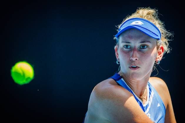 Elise Mertens WTA, Tennis Damen 32) pictured in action during a women s singles first round game between Belgian Mertens (WTA 27) and Spanish Muguruza (WTA 58) at the Australian Open tennis Grand Slam, Tuesday 17 January 2023 in Melbourne Park, Melbourne, Australia. PATRICKxHAMILTON  x58313954x