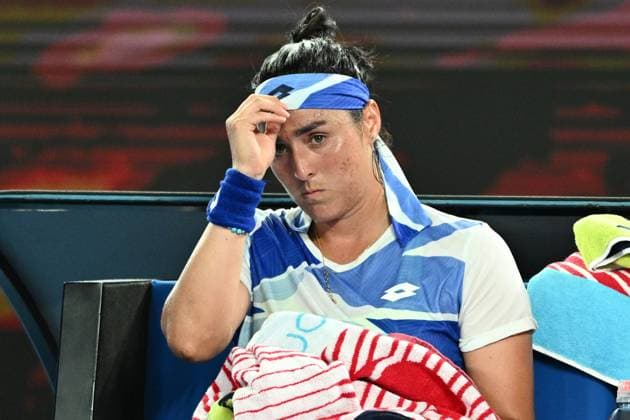 TENNIS AUSTRALIAN OPEN, Ons Jabeur of Tunisia looks on during her 1st round singles match against Tamara Zidansek of Slovenia during 2023 Australian Open tennis tournament at Melbourne Park in Melbourne, Tuesday, January 17, 2023. ( NO ARCHIVING, EDITORIAL USE ONLY, NO USE IN BOOKS WITHOUT CONSENT MELBOURNE VICTORIA AUSTRALIA  Copyright: xJOELxCARRETTx 20230117001753496777