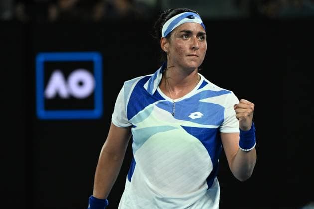 TENNIS AUSTRALIAN OPEN, Ons Jabeur of Tunisia celebrates a point during her 1st round singles match against Tamara Zidansek of Slovenia during 2023 Australian Open tennis tournament at Melbourne Park in Melbourne, Tuesday, January 17, 2023. ( NO ARCHIVING, EDITORIAL USE ONLY, NO USE IN BOOKS WITHOUT CONSENT MELBOURNE VICTORIA AUSTRALIA  Copyright: xJOELxCARRETTx 20230117001753500441