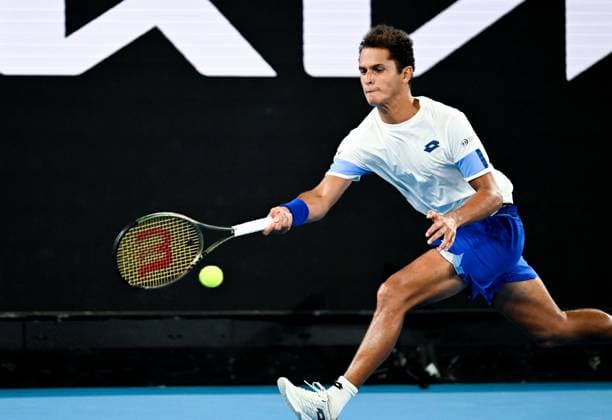 (230117) -- MELBOURNE, Jan. 17, 2023 -- Juan Pablo Varillas of Peru competes during the men s singles 1st round match against Alexander Zverev of Germany at Australian Open tennis tournament, in Melbourne, Australia, Jan. 17, 2023. ) (SP)AUSTRALIA-MELBOURNE-TENNIS-AUSTRALIAN OPEN-DAY 2 GuoxLei 